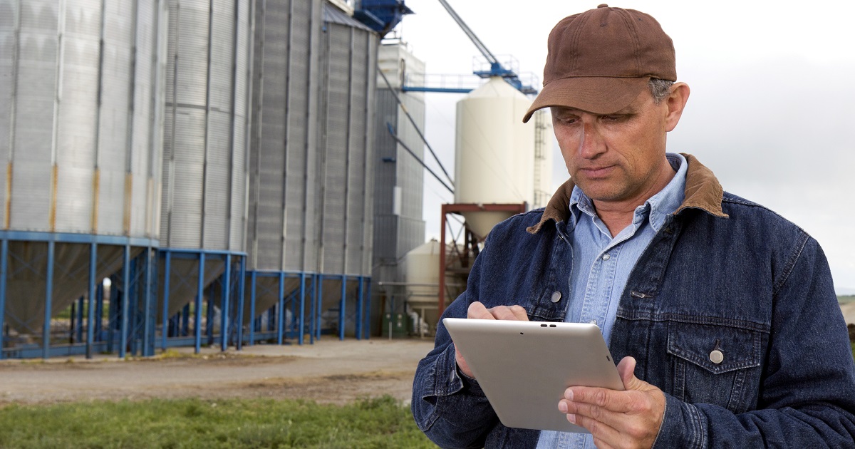 Farmer works on tablet in a field by silos agriculture safety